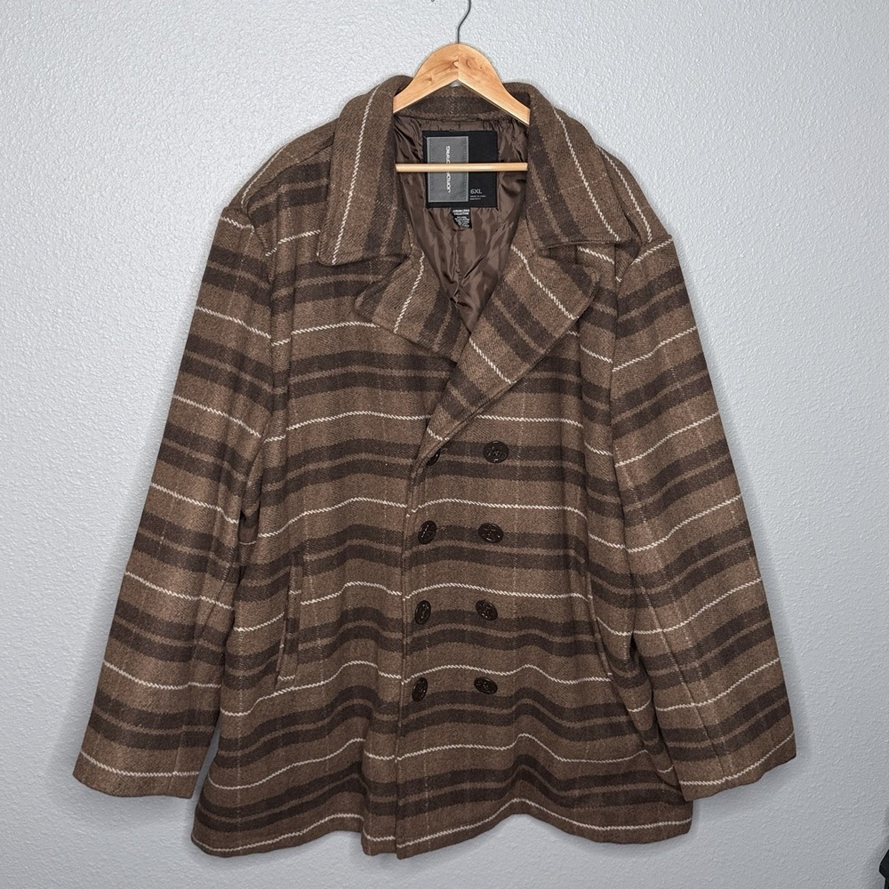 Jordan Craig 6XL Brown Plaid Wool Blend Double Breasted Peacoat Big Tall Jacket